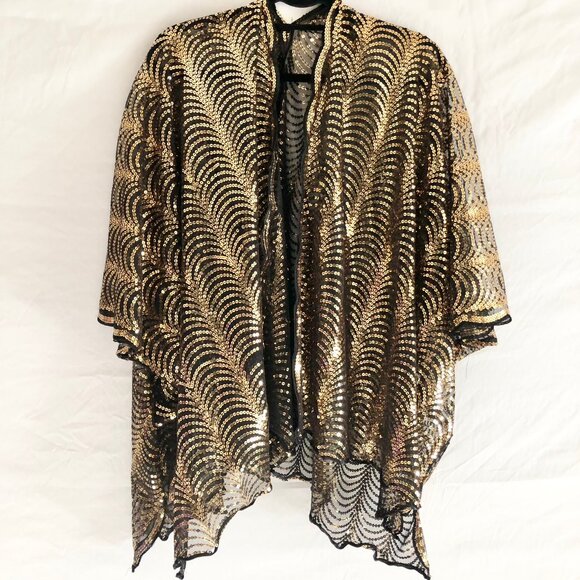 Bijorca Gold Sequin Short Kimono Scallop Wave Pattern Size OS - Picture 3 of 10